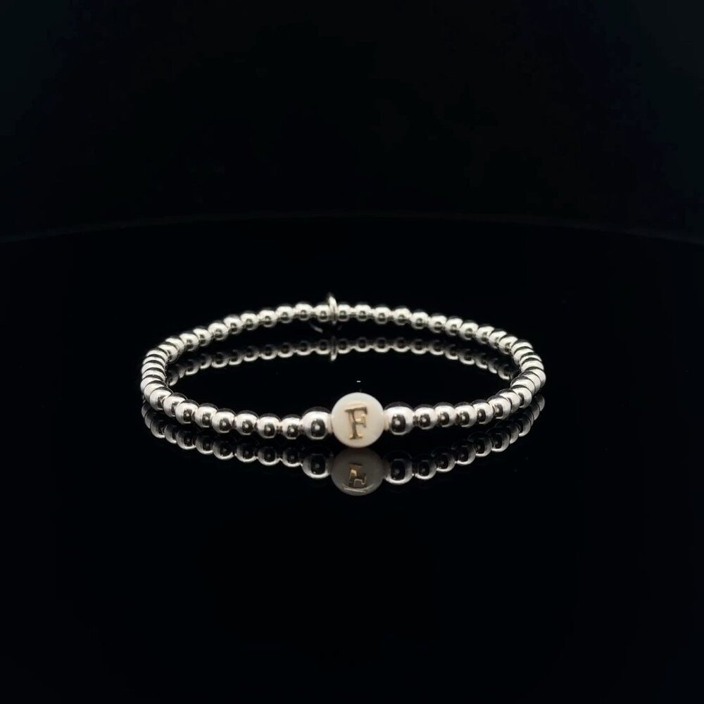 925 Sterling Silver Beaded Stretch Stacking Bracelet MOP Letter Initial F